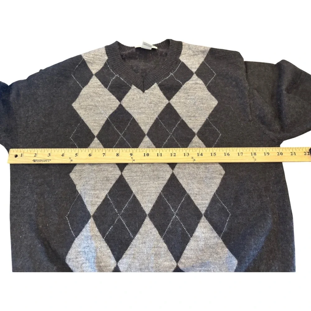 Pronto Uomo Mens Large Argyle V-Neck Sweater Merino Wool Blend Charcoal Grey